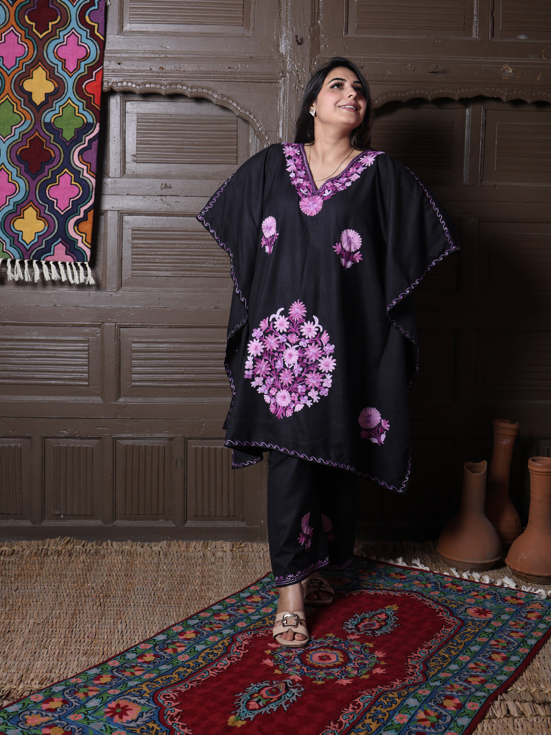 Black Aari Embroidered Cotton Kaftan Set