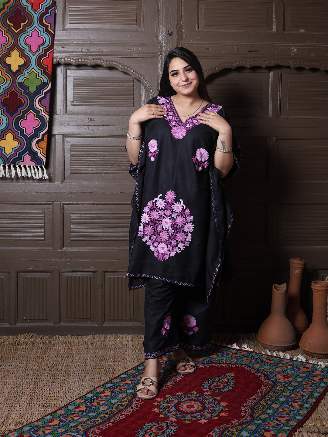 Black Aari Embroidered Cotton Kaftan Set