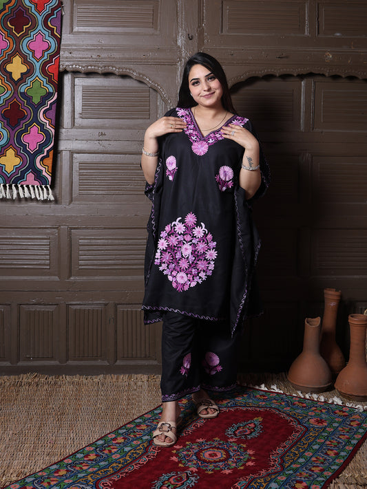 Black Aari Embroidered Cotton Kaftan Set
