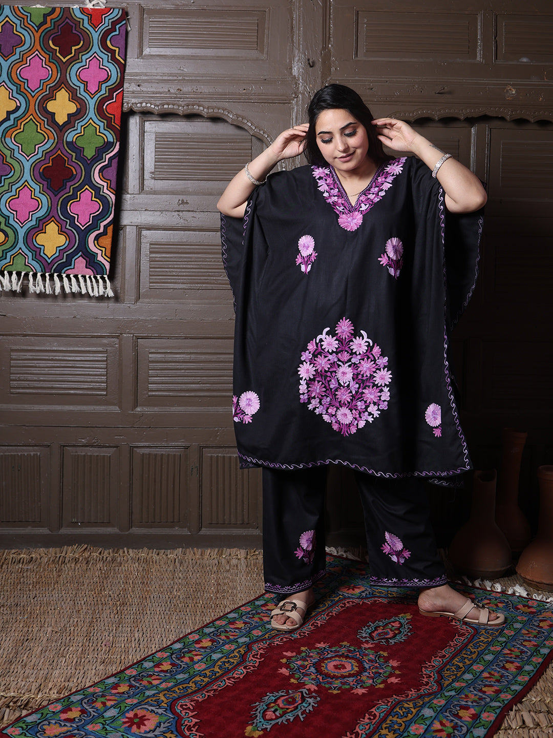 Black Aari Embroidered Cotton Kaftan Set