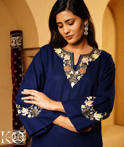 Blue Aari Embroidered U Shape Design KashmiriWoolen Pheran