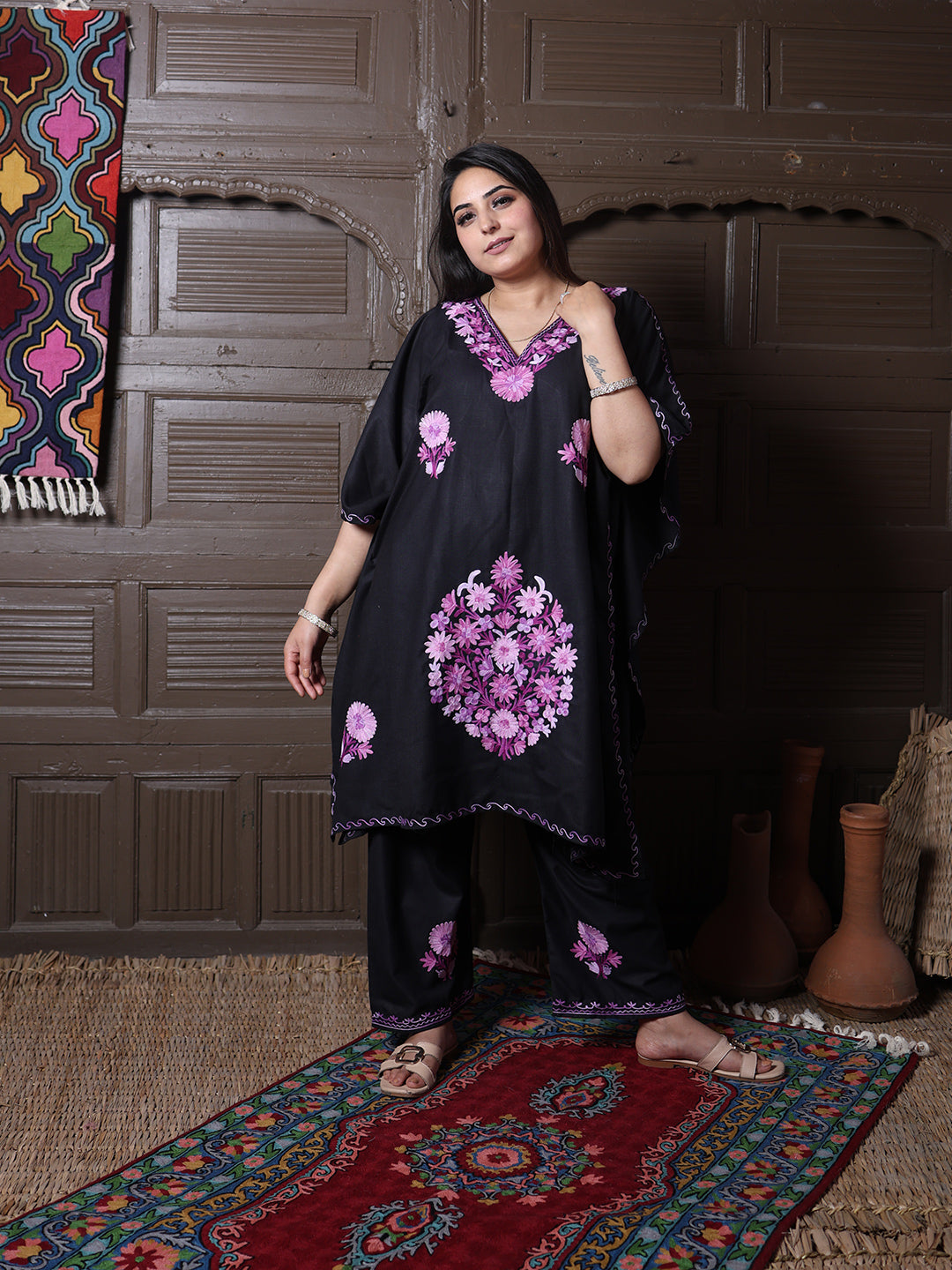 Black Aari Embroidered Cotton Kaftan Set