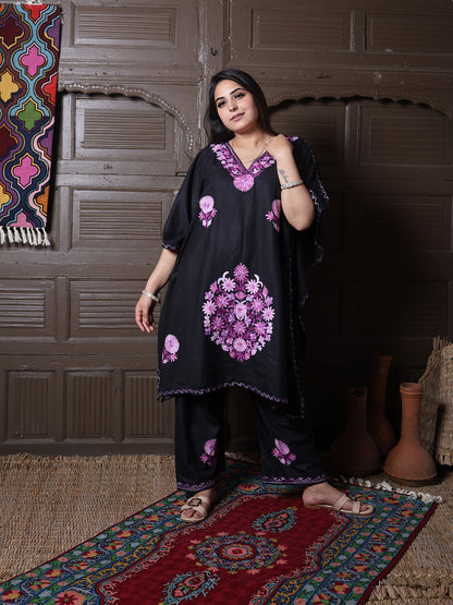 Black Aari Embroidered Cotton Kaftan Set