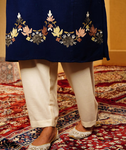 Blue Aari Embroidered U Shape Design KashmiriWoolen Pheran