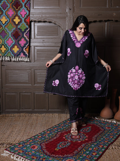 Black Aari Embroidered Cotton Kaftan Set