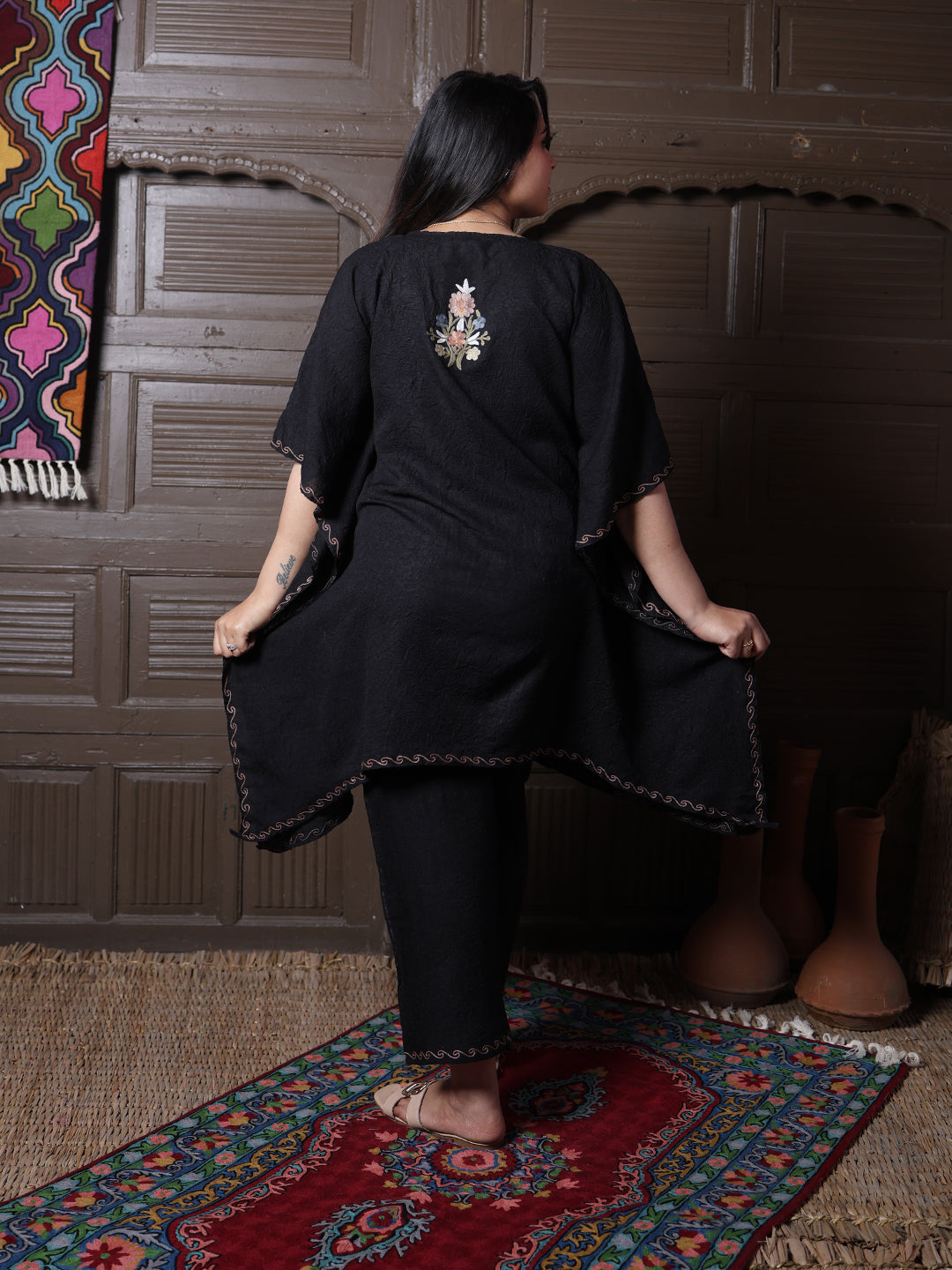 Black Crushed Cotton Silk Kaftan Set with Pastel Aari