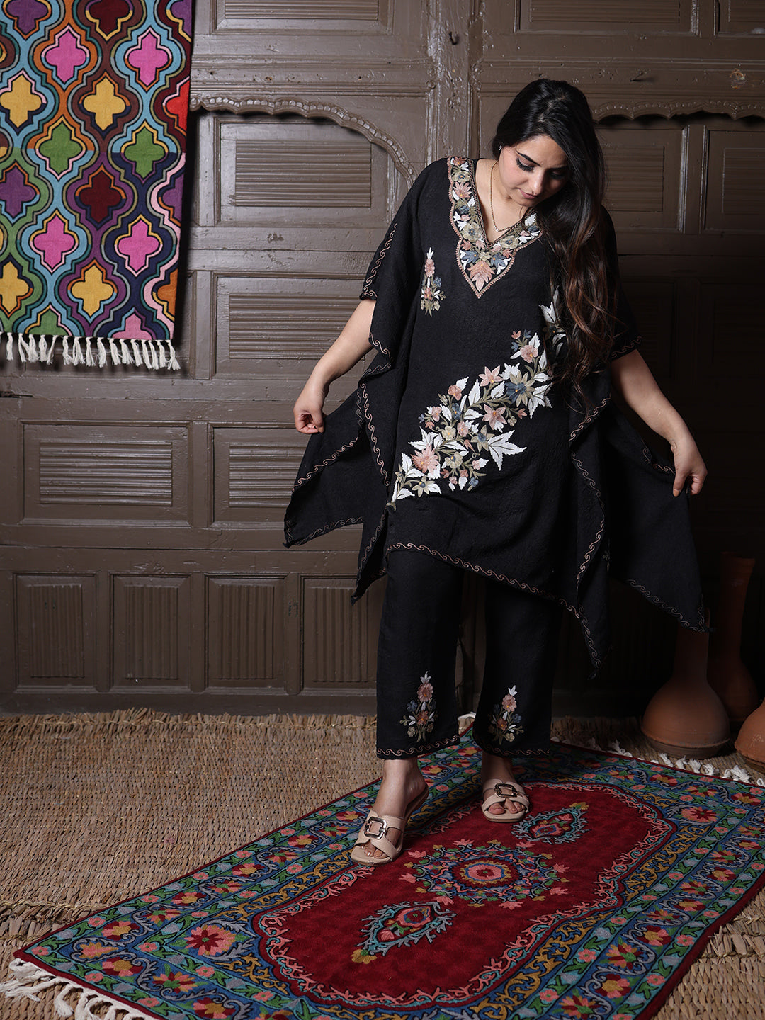 Black Crushed Cotton Silk Kaftan Set with Pastel Aari