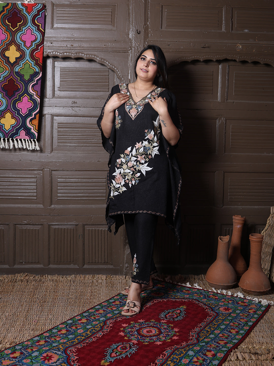 Black Crushed Cotton Silk Kaftan Set with Pastel Aari