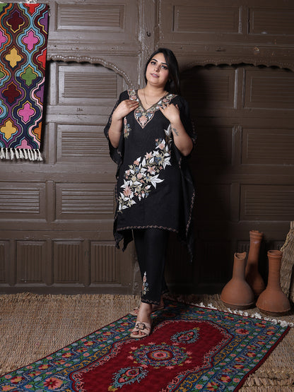 Black Crushed Cotton Silk Kaftan Set with Pastel Aari