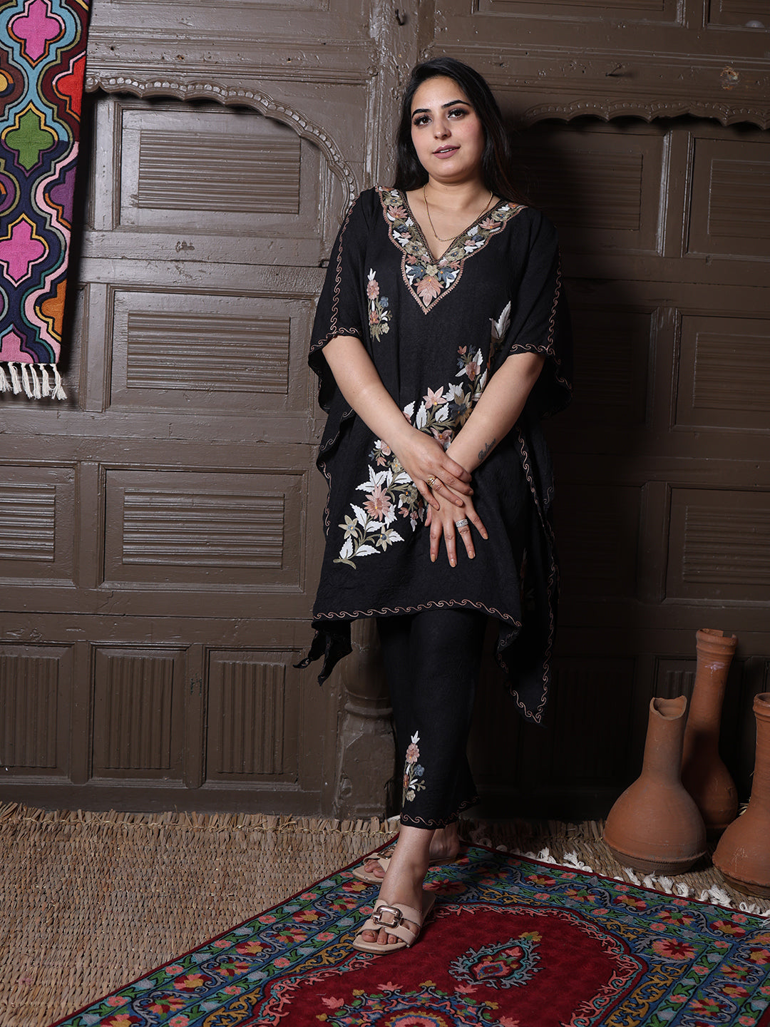 Black Crushed Cotton Silk Kaftan Set with Pastel Aari