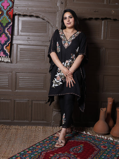 Black Crushed Cotton Silk Kaftan Set with Pastel Aari