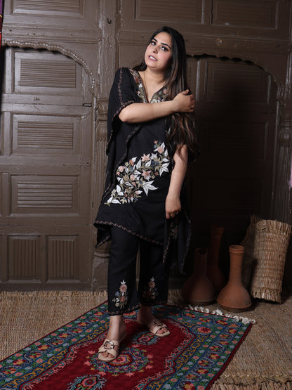 Black Crushed Cotton Silk Kaftan Set with Pastel Aari