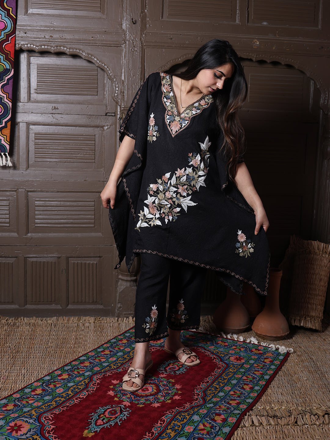 Black Crushed Cotton Silk Kaftan Set with Pastel Aari