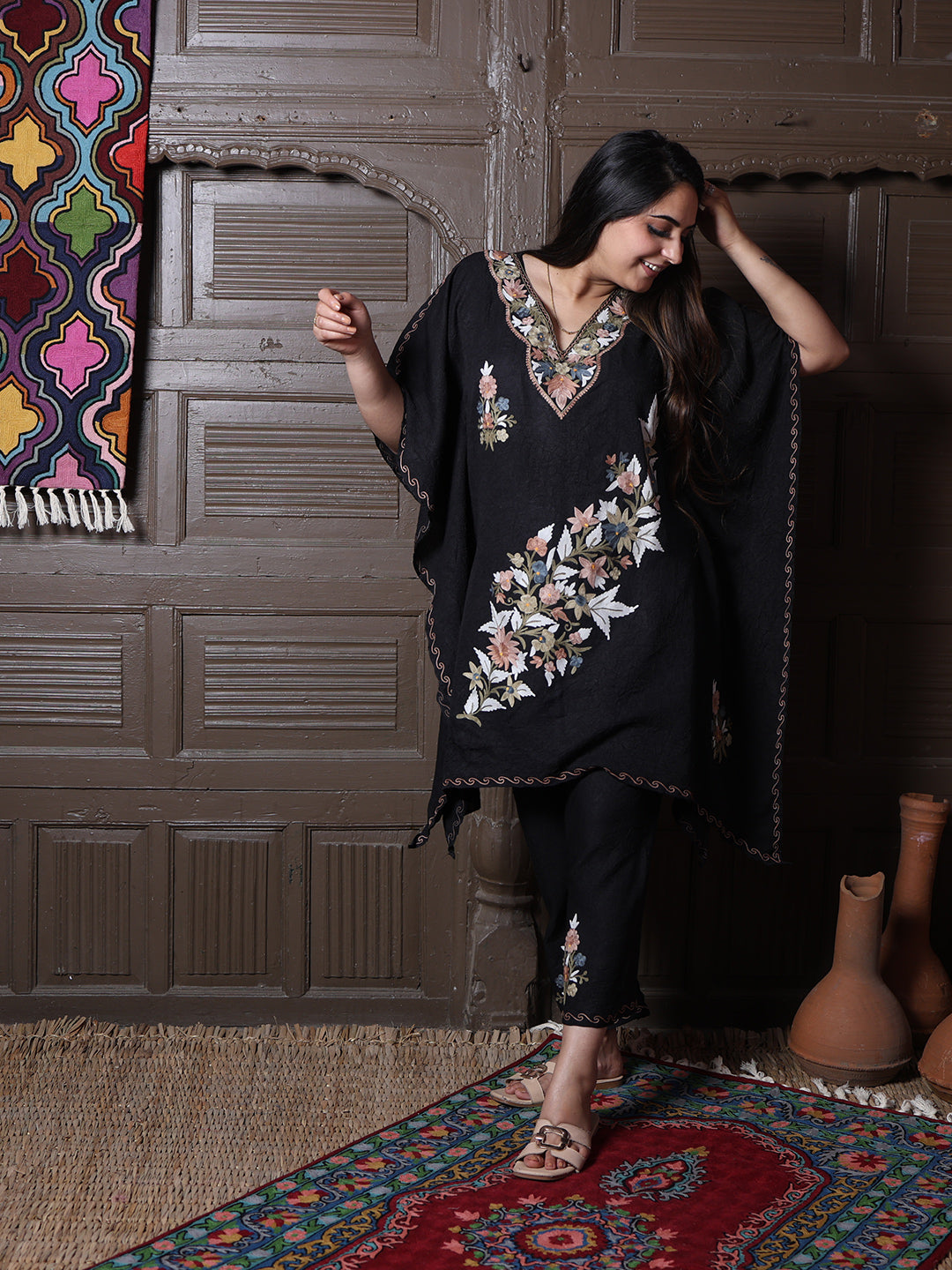 Black Crushed Cotton Silk Kaftan Set with Pastel Aari