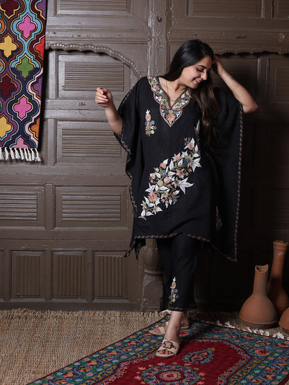 Black Crushed Cotton Silk Kaftan Set with Pastel Aari