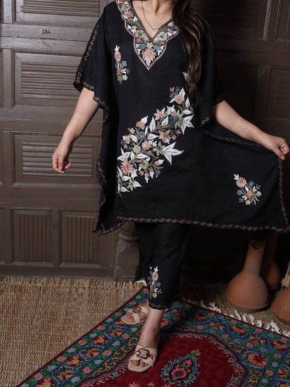 Black Crushed Cotton Silk Kaftan Set with Pastel Aari