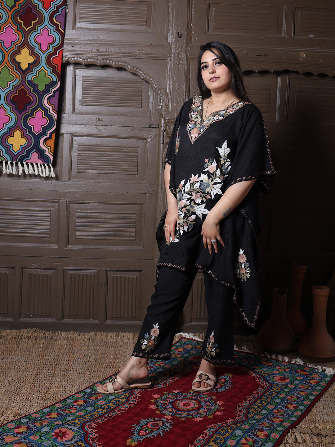 Black Crushed Cotton Silk Kaftan Set with Pastel Aari