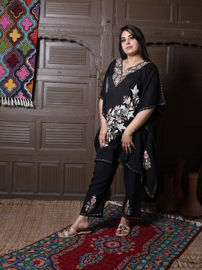 Black Crushed Cotton Silk Kaftan Set with Pastel Aari