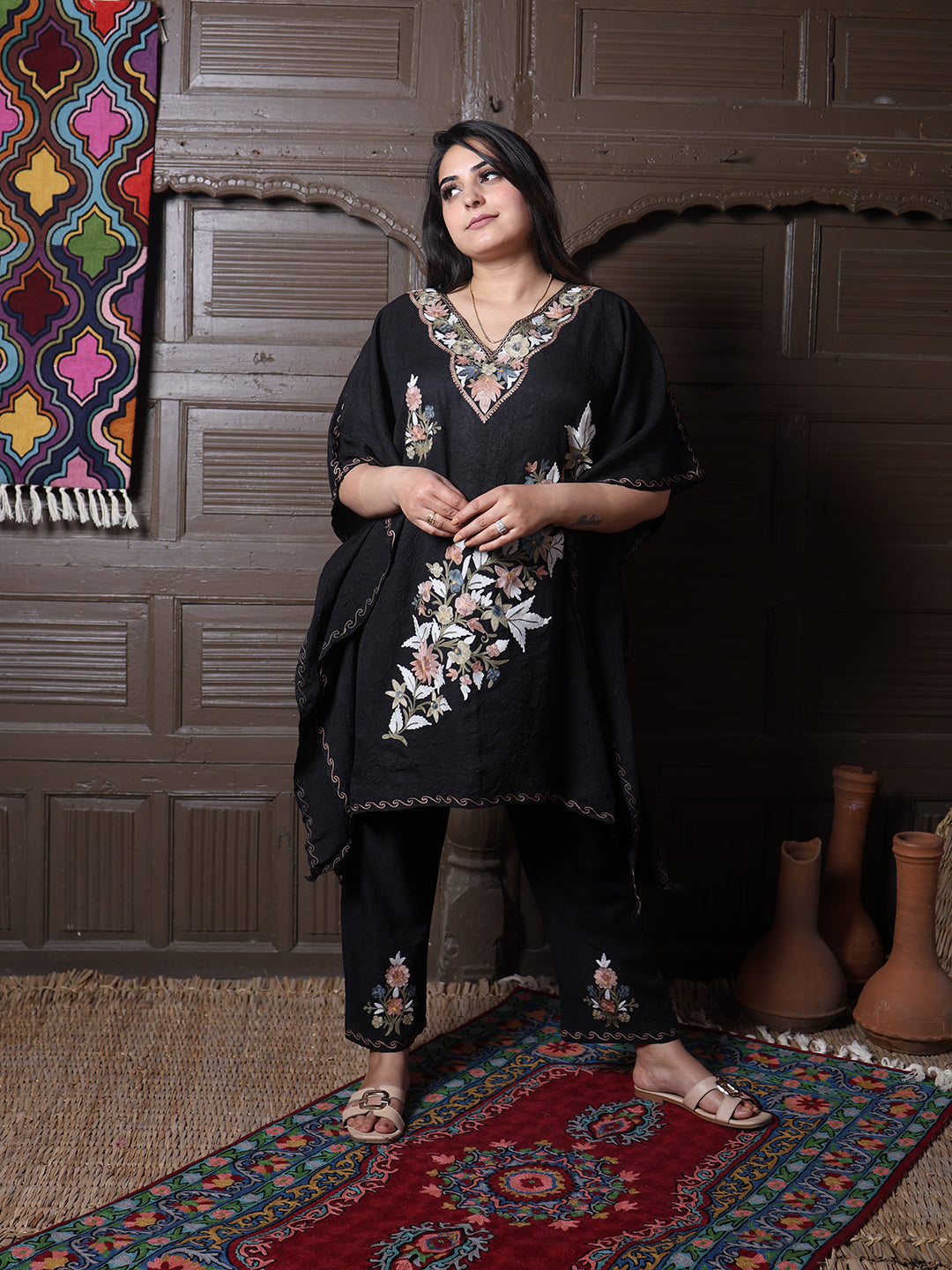Black Crushed Cotton Silk Kaftan Set with Pastel Aari