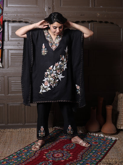 Black Crushed Cotton Silk Kaftan Set with Pastel Aari