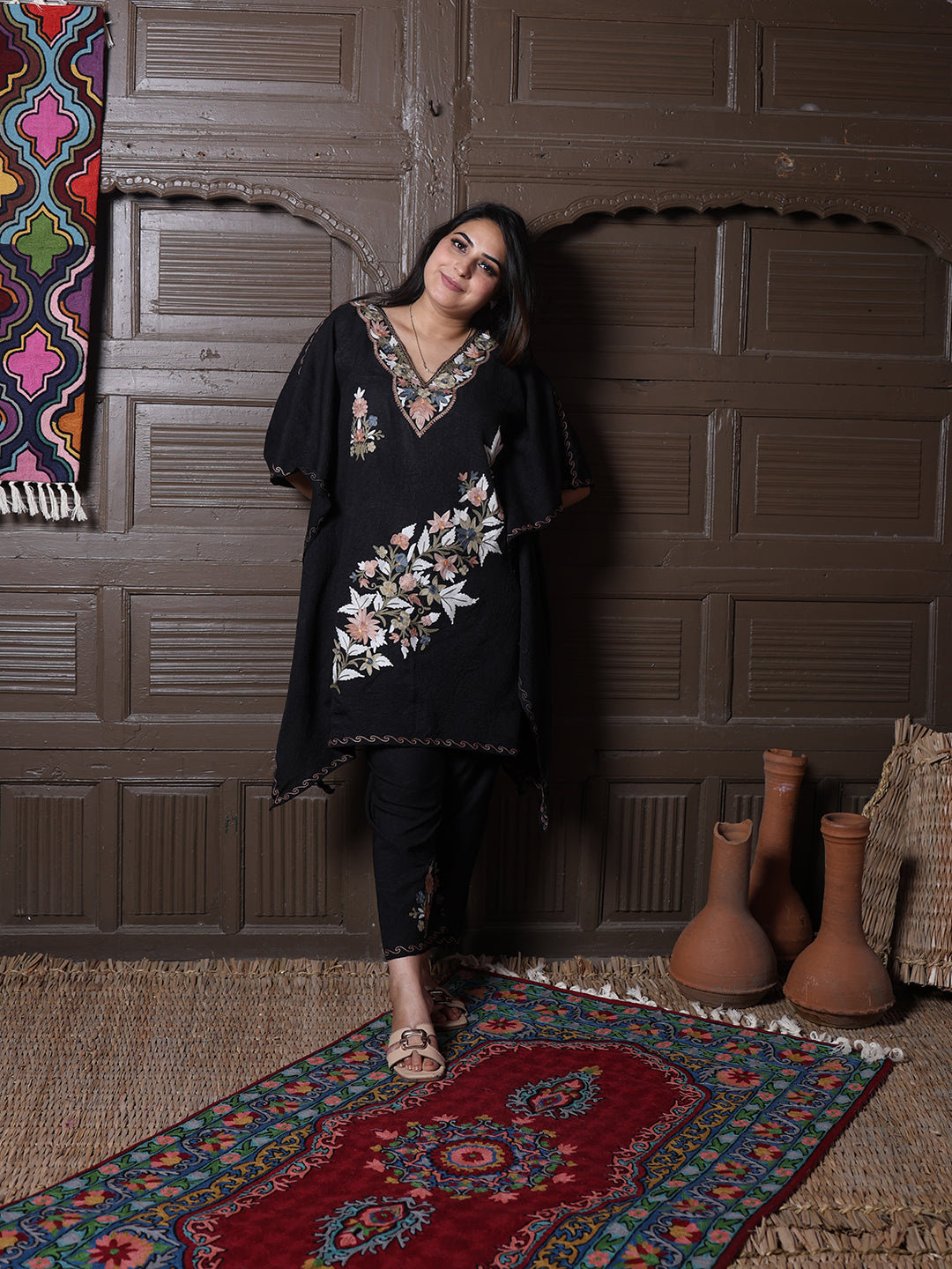 Black Crushed Cotton Silk Kaftan Set with Pastel Aari