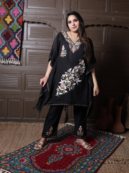 Black Crushed Cotton Silk Kaftan Set with Pastel Aari