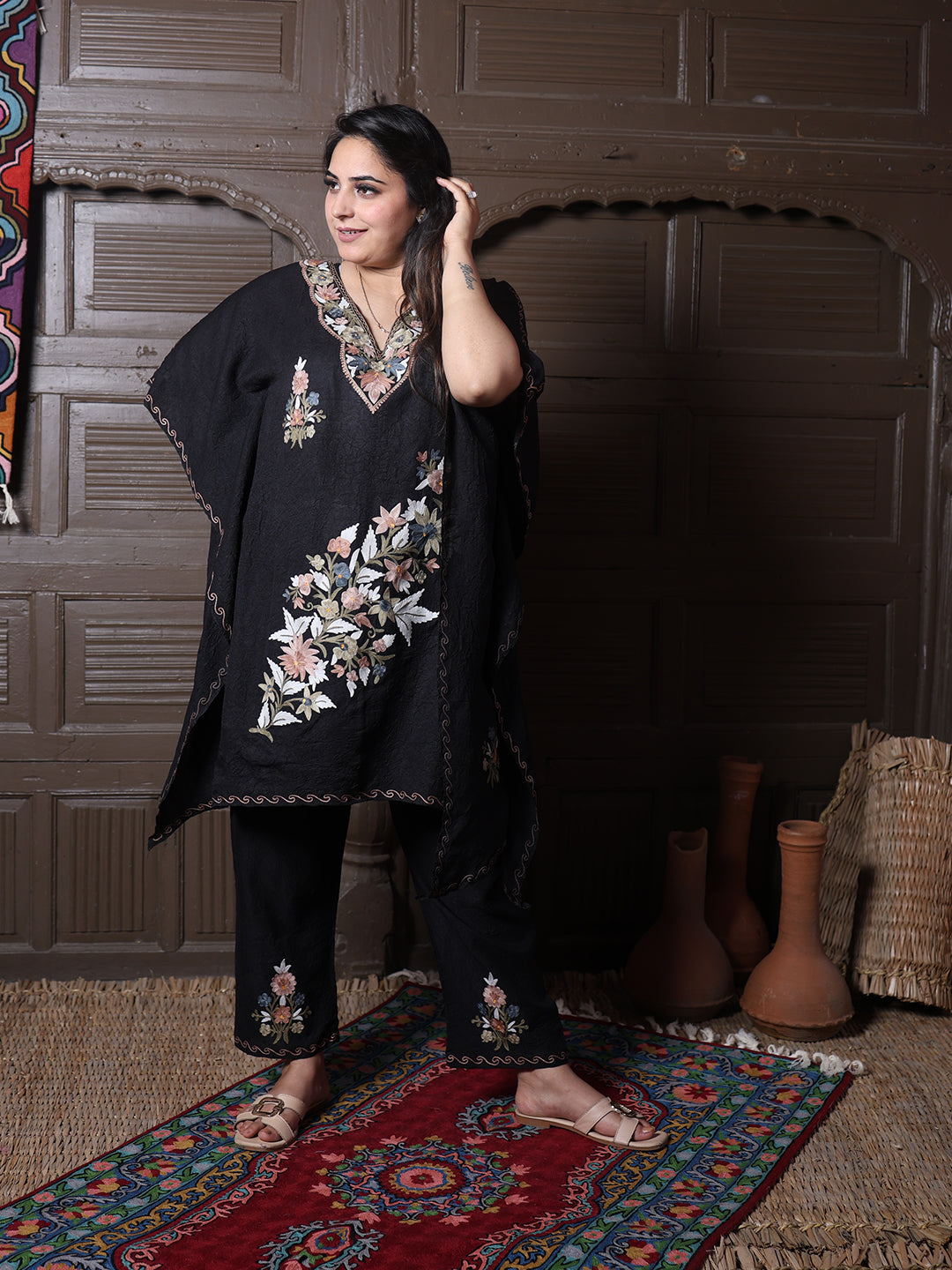 Black Crushed Cotton Silk Kaftan Set with Pastel Aari