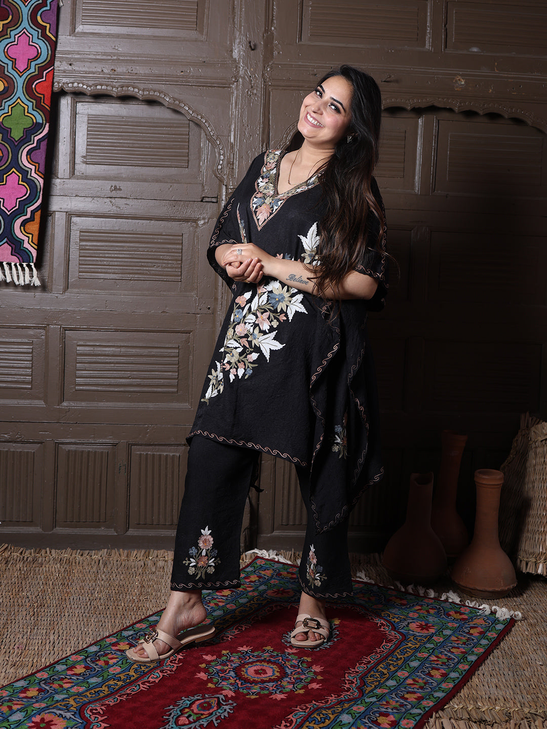 Black Crushed Cotton Silk Kaftan Set with Pastel Aari