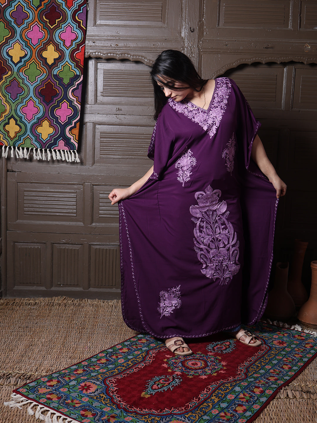 Wine Purple Aari Cotton Silk Long Kaftan
