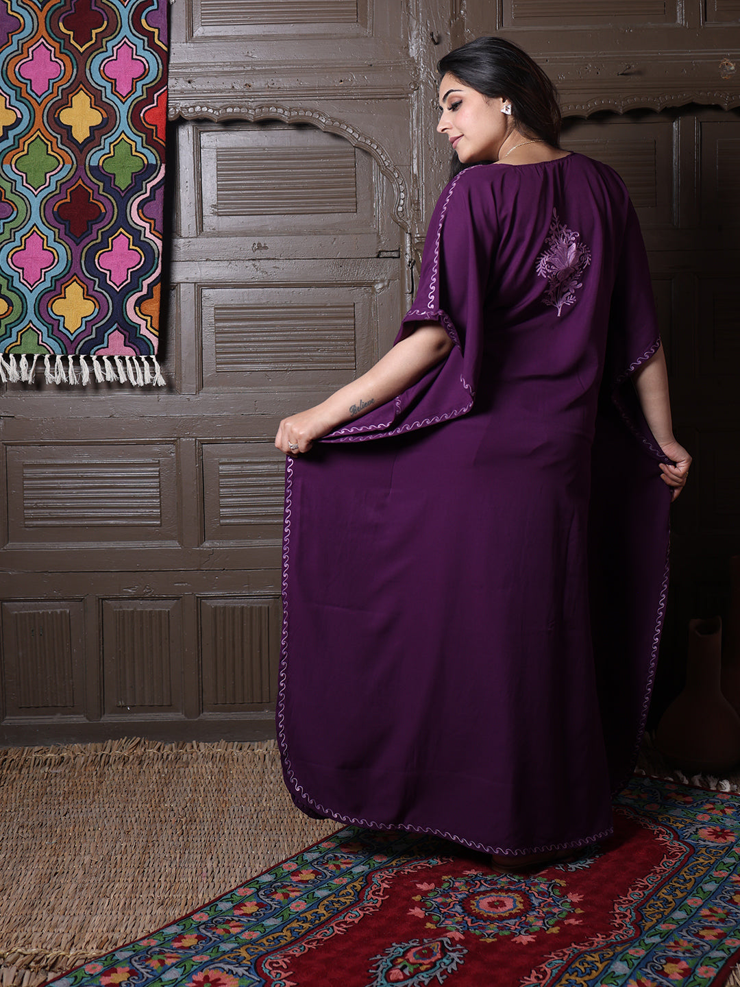 Wine Purple Aari Cotton Silk Long Kaftan