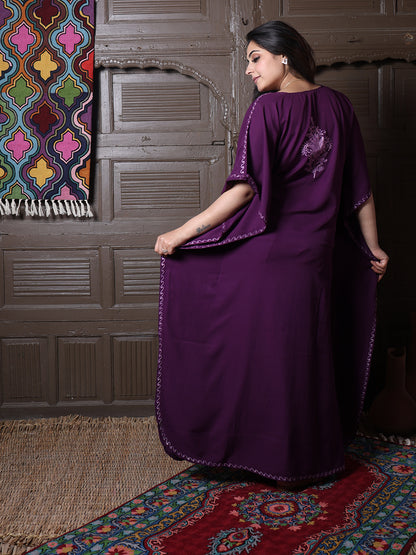 Wine Purple Aari Cotton Silk Long Kaftan
