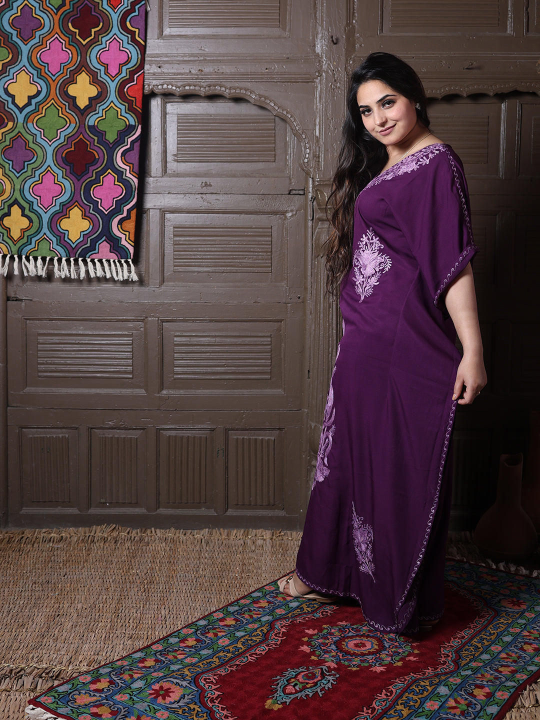 Wine Purple Aari Cotton Silk Long Kaftan