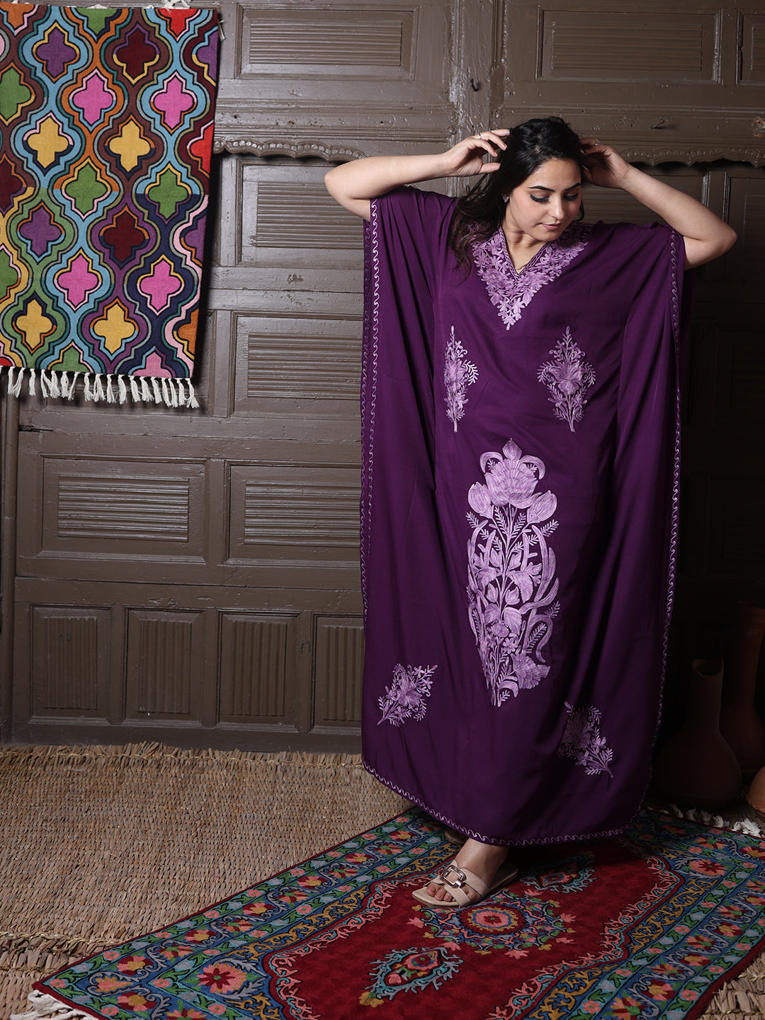 Wine Purple Aari Cotton Silk Long Kaftan