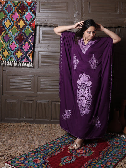 Wine Purple Aari Cotton Silk Long Kaftan
