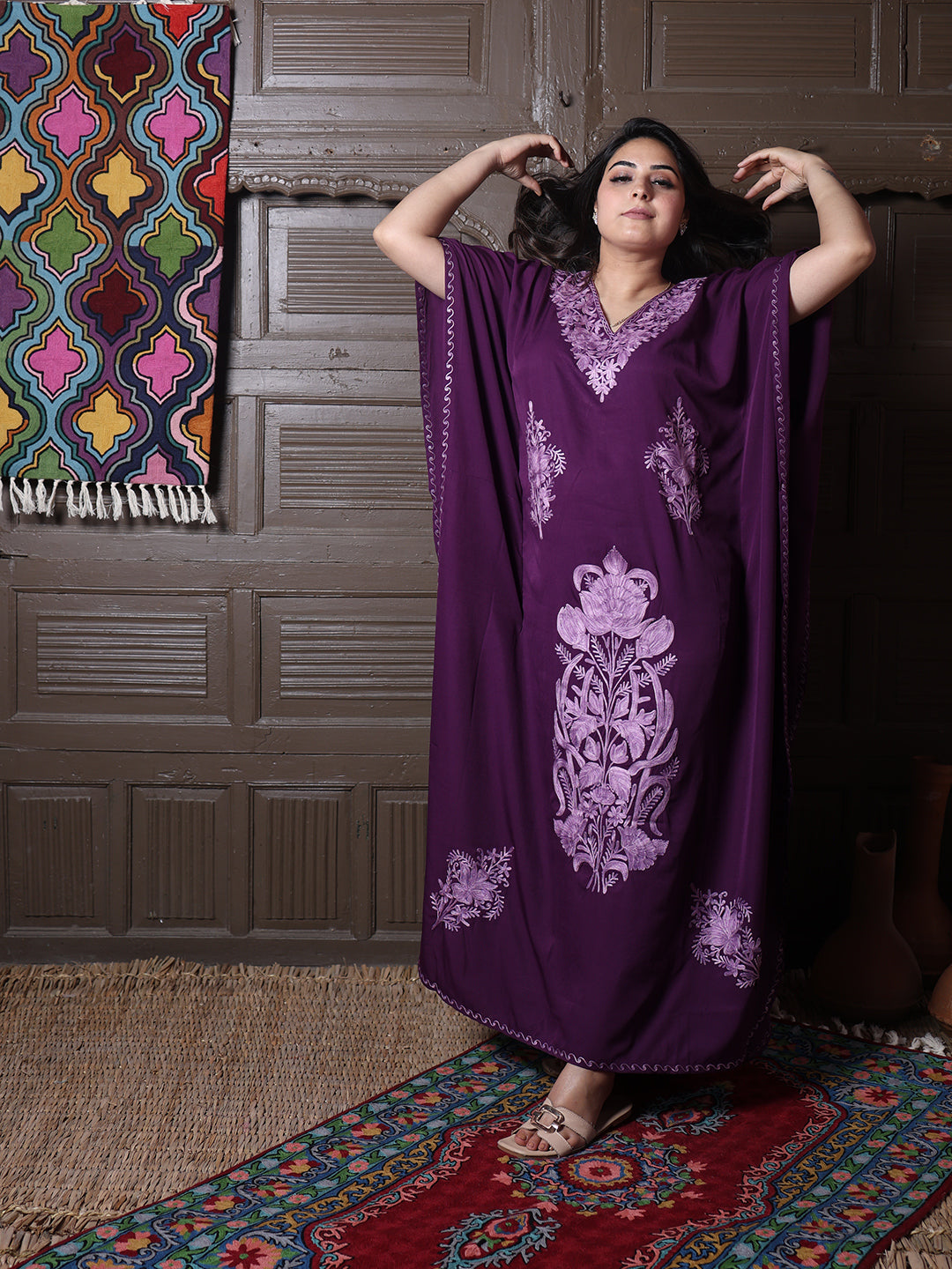 Wine Purple Aari Cotton Silk Long Kaftan
