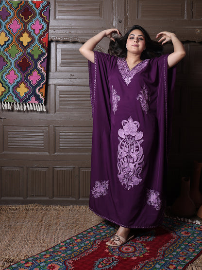 Wine Purple Aari Cotton Silk Long Kaftan