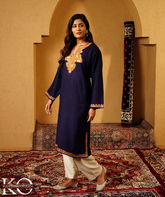 Navy Blue Tilla Embroidered Pure kashmiri Woolen Pheran