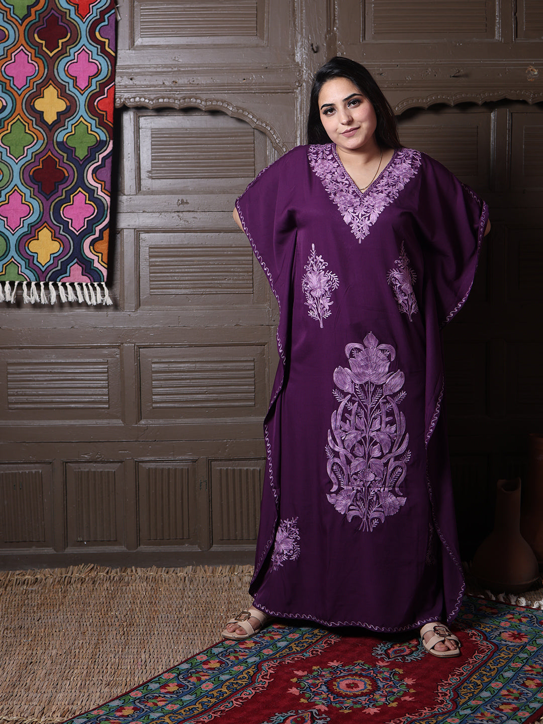 Wine Purple Aari Cotton Silk Long Kaftan