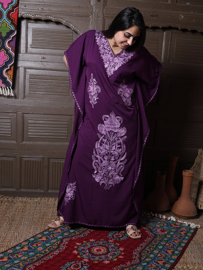 Wine Purple Aari Cotton Silk Long Kaftan