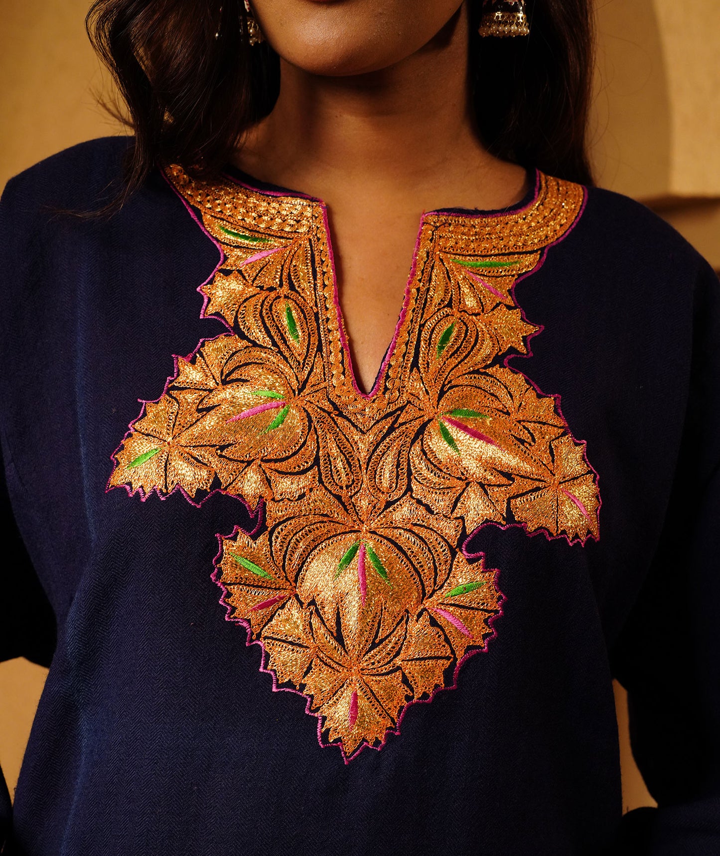 Navy Blue Tilla Embroidered Pure kashmiri Woolen Pheran