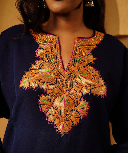 Navy Blue Tilla Embroidered Pure kashmiri Woolen Pheran