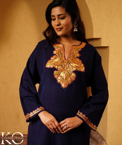 Navy Blue Tilla Embroidered Pure kashmiri Woolen Pheran
