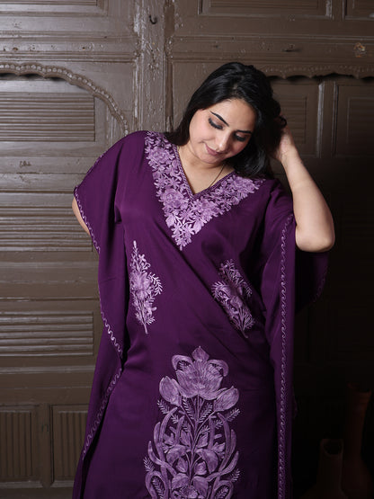 Wine Purple Aari Cotton Silk Long Kaftan