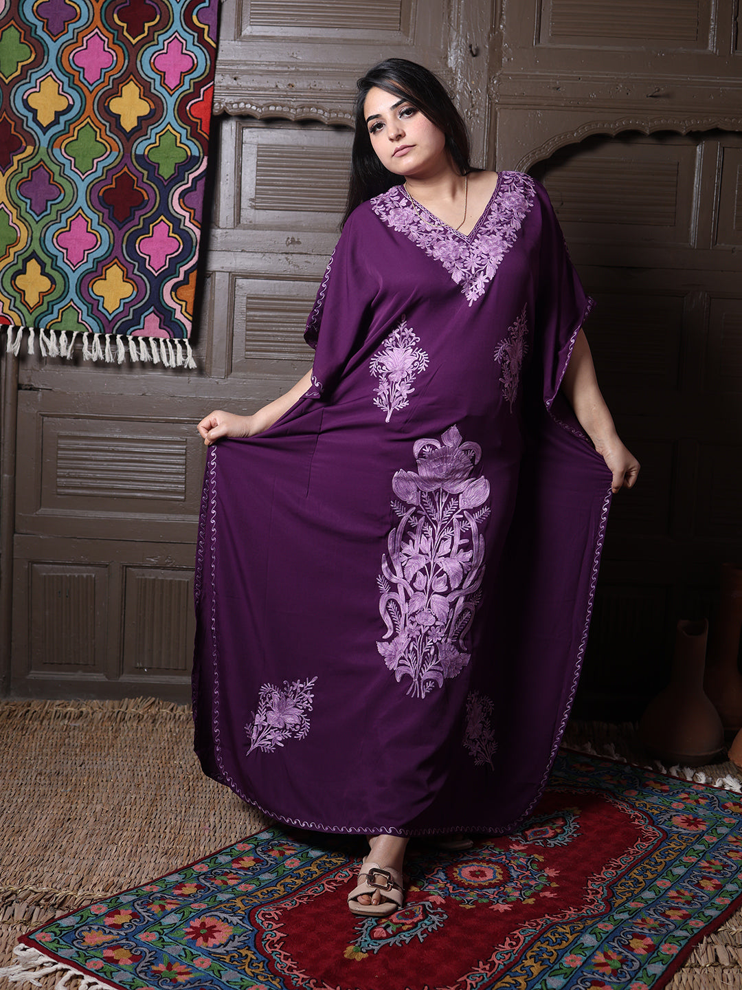 Wine Purple Aari Cotton Silk Long Kaftan