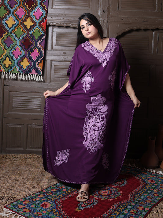 Wine Purple Aari Cotton Silk Long Kaftan