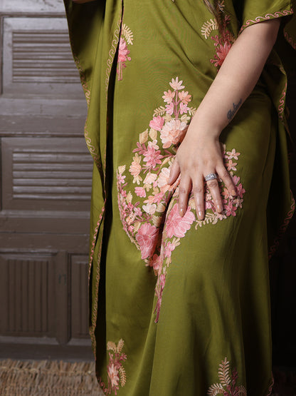 Olive Green Silk Crepe Kaftan with Pink Aari Bouquet