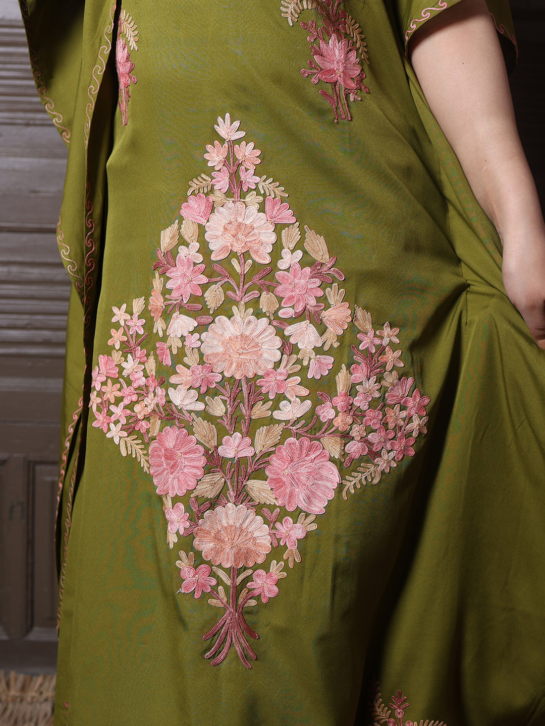 Olive Green Silk Crepe Kaftan with Pink Aari Bouquet