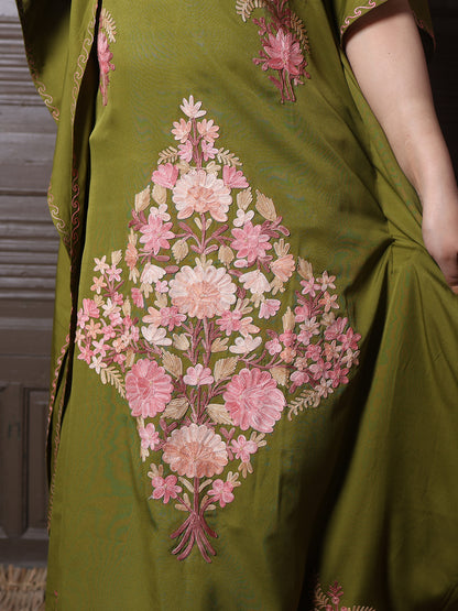 Olive Green Silk Crepe Kaftan with Pink Aari Bouquet