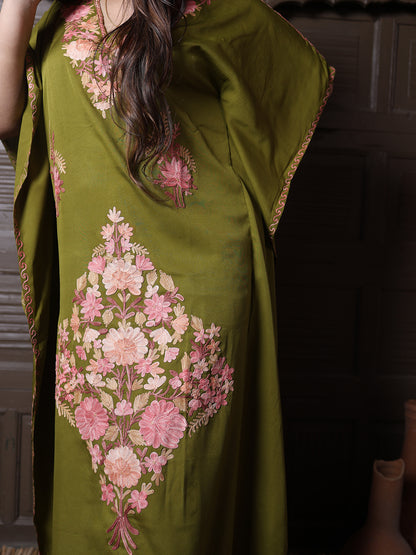 Olive Green Silk Crepe Kaftan with Pink Aari Bouquet