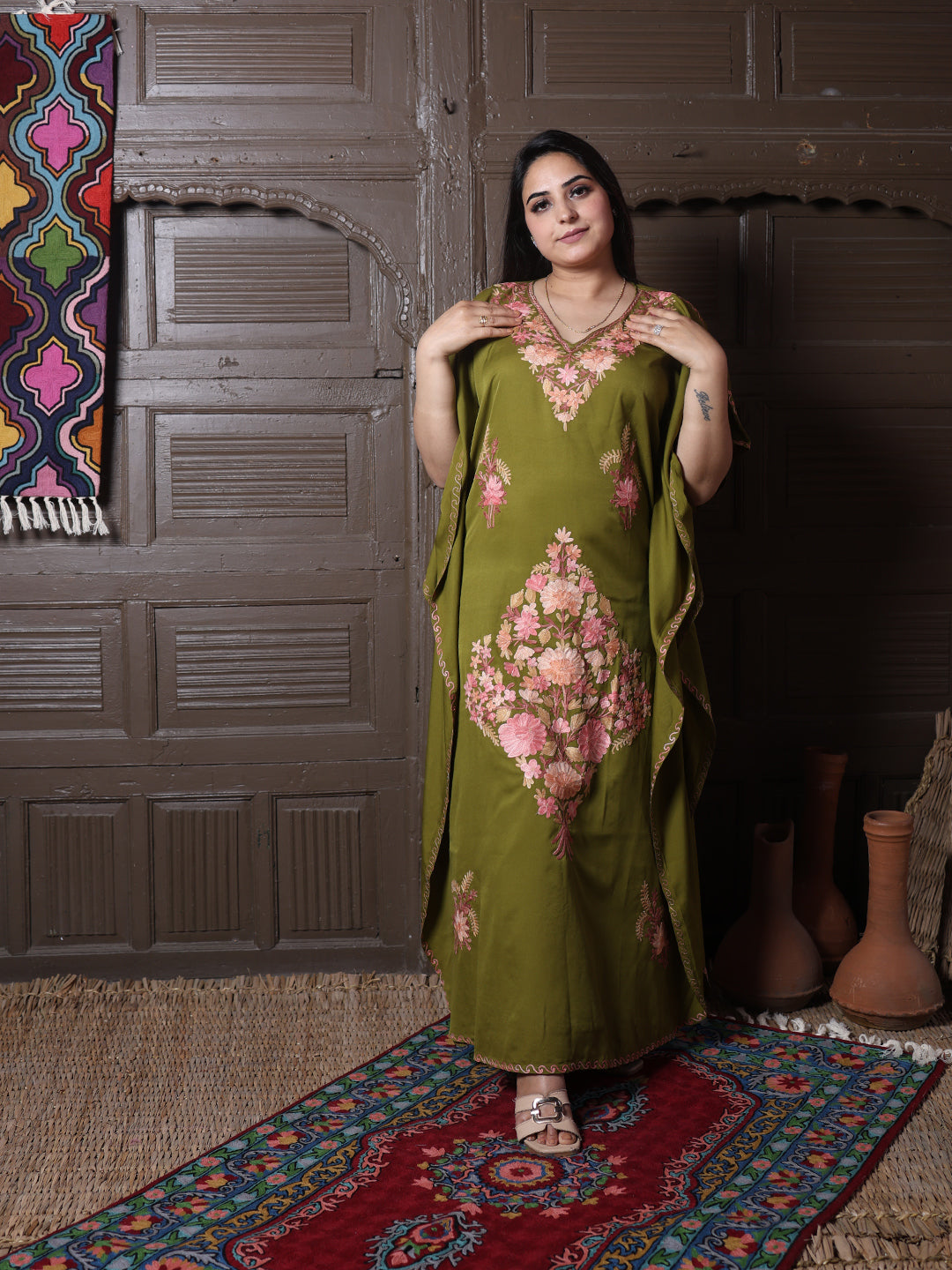 Olive Green Silk Crepe Kaftan with Pink Aari Bouquet